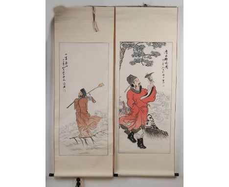 Two Chinese scroll paintings on paper.&nbsp;1x Figure in landscape with text + signature.&nbsp;1x Figure in heaven with text 