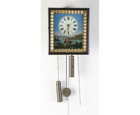 Antique German Schwarzwalder wall clock with lithographic figures.&nbsp;Half an hour stroke.&nbsp;Size: 25 x 13 x 22 cm.&nbsp