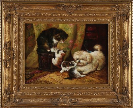 Not signed.&nbsp;Second half of the 20th century.&nbsp;Cats playing with dog.&nbsp;Oil paint on panel.&nbsp;Dimensions: H 30 