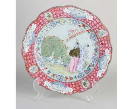 Chinese porcelain Family Rose plate with figures / crane decoration.&nbsp;Enamel painting.&nbsp;Crickets verso.&nbsp;Some chi