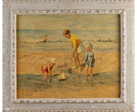 J. de Jong.&nbsp;First half of the 20th century.&nbsp;Beach scene with children playing.&nbsp;Oil paint on panel.&nbsp;Dimens