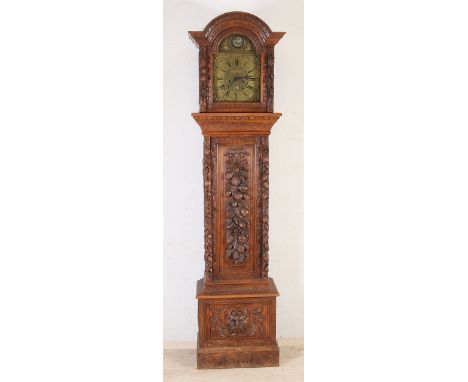 19th century English oak carved grandfather clock with non-original timepiece (marriage).&nbsp;Functions not tested.&nbsp;Eig