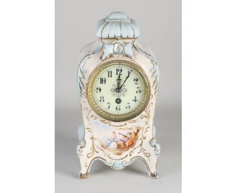 Antique French ceramic mantel clock with figures / gold decoration.&nbsp;Circa 1880. Eight-day silent movement.&nbsp;Size: 33