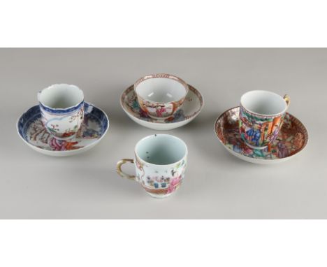 18th Century Chinese porcelain cups and saucers.&nbsp;Three sets + one tailstock.&nbsp;With Family Rose / figures / mandarin 