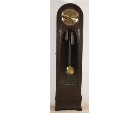 Antique German oak longcase clock.&nbsp;Movement with half-hour strike on five gong bars.&nbsp;Marked Dufa.&nbsp;Circa 1930. 