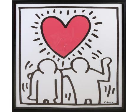 Keith Haring.&nbsp;No.&nbsp;12/200.&nbsp;Two figures with hearts.&nbsp;Lithograph on paper.&nbsp;Dimensions: H 93 x W 93 cm.&