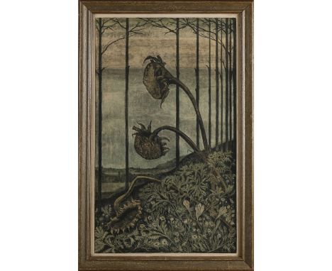 HB Dieperink, 1929. 1887 - 1957. Forest view with sunflowers.&nbsp;Lithograph on paper.&nbsp;Dimensions: H 58 x W 35 cm.&nbsp