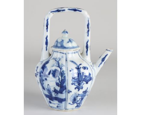 Rare 17th - 18th century Chinese porcelain Kang Xi teapot with handle, ridges and landscape / figures / valuables decor.&nbsp