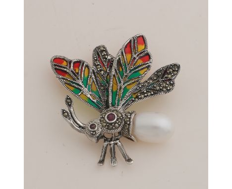 Silver brooch, 925/000, with enamel, marquisite and pearl.&nbsp;Brooch in the shape of an insect with vesnetr enamel and marq