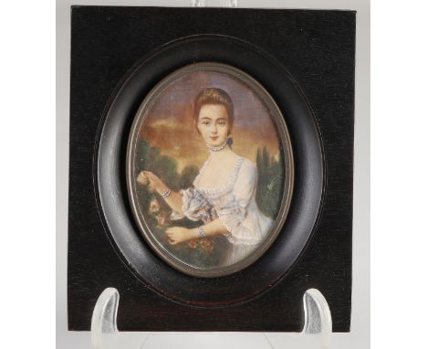 Oval miniature portrait of a lady with pearl necklace.&nbsp;Signed René.&nbsp;Dimensions: H 8.5 x W 6.5 cm.&nbsp;In good cond