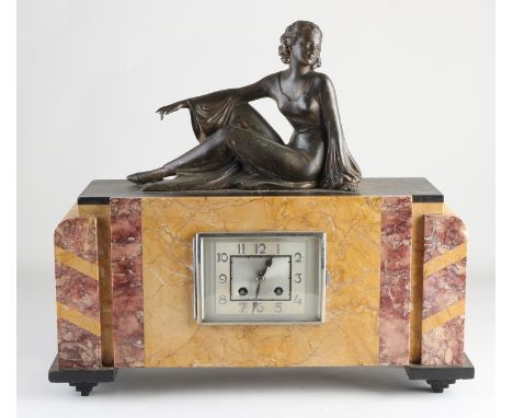 Antique French marble Art Deco mantel clock with composition metal polychrome lady.&nbsp;Eight-day movement, half-hour strike