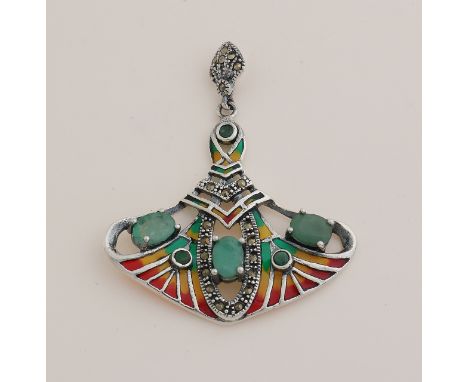 Silver pendant, 925/000, with enamel, green stones and marquisite.&nbsp;Art Nouveau style pendant with marquisite stone penda