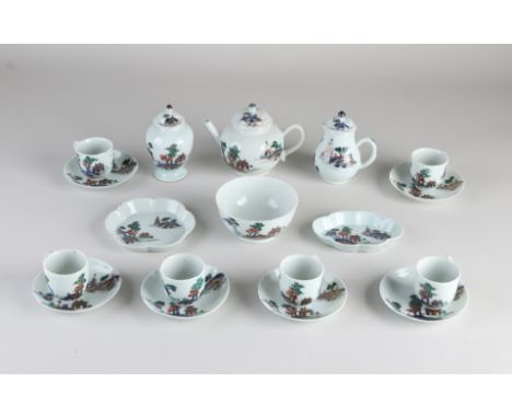 Rare twelve-piece 18th century Chinese porcelain Family Verte children's service.&nbsp;Consisting of: Six cups + saucers, vas