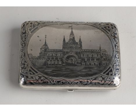 Russian silver box, 84 Zolotniks, 875/000, rectangular model with an assembled arrangement and a representation of a building