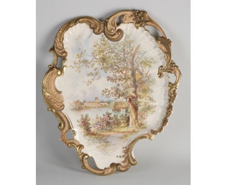 19th century English ceramic wall plaque with landscape decoration.&nbsp;Trentham Hall Staffordshire.&nbsp;S. Fielding &amp; 