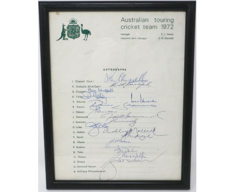 Australian Touring cricket team sheet 1972, bearing signatures of Chappell (Capt), Stackpole, Colley, Edwards, Chappell, Fran