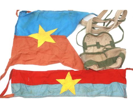 Vietnam War era Vietcong F1 grenade pouch with armband and bunting banner. P&amp;P Group 1 (£14+VAT for the first lot and £1+