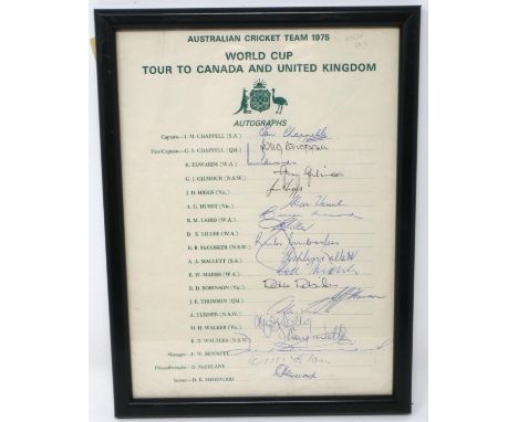 Australian cricket team sheet 1975 World Cup Tour (Canada and UK), bearing signautres of Chappell (Capt), Chappell, Edwards, 