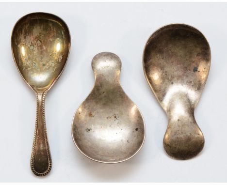 Two SOLID SILVER Arts and Crafts caddy spoons, 32gmand an EPNS example 