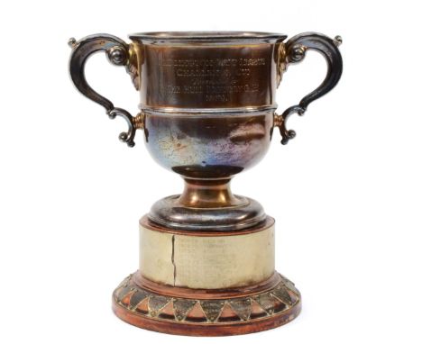 A silver presentation two handled trophy cup, Birmingham 1928, Bridlington Darts League, 15cm, 360gm 