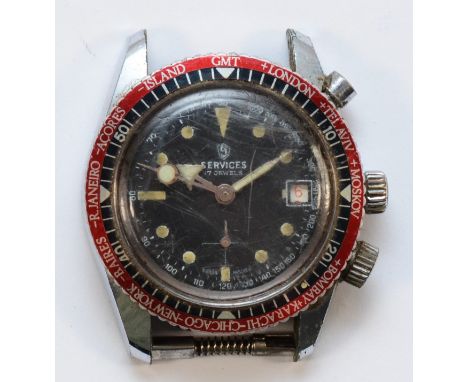 Services GMT, a nickel plated manual wind date gentleman's wristwatch, with outer time zone dial, subsidiary seconds dial, 36