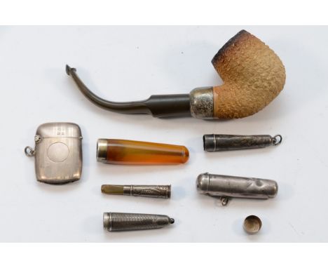 A silver vesta case, Birmingham 1921, a silver mounted Meerschaum pipe and other silver 