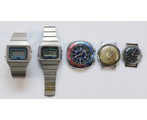 Timex Electric, c.1962, Timex 24 hour, black dial, 2 x Bulova quartz, 8013, and Avystyle, Model 17, no back cover, all spares
