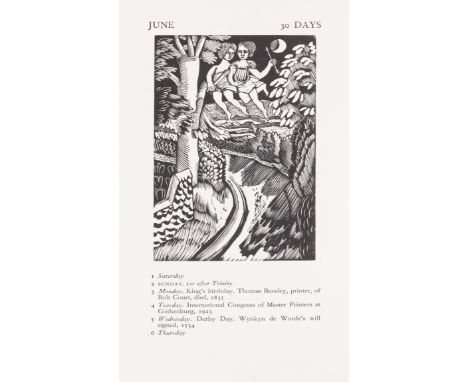 Ravilious (Eric)&nbsp;Almanack 1929 with Twelve Designs Engraved on Wood, title within border of zodiacal signs in red, wood-