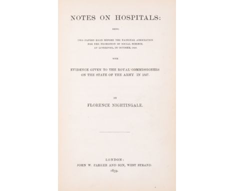 Nightingale (Florence) Notes on Hospitals, first edition in book form, half-title, folding table, 4 folding plans, illustrati