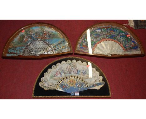 A collection of three 20th century Chinese fans, two with mother of pearl handles and the other with polychrome painted handl