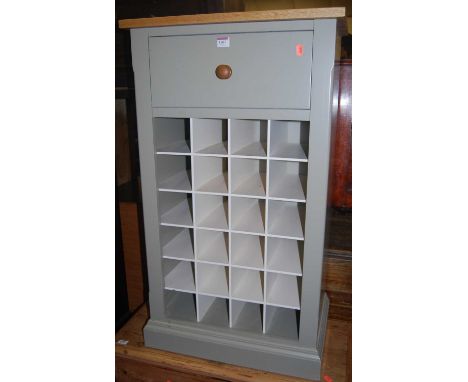 A contemporary light oak and grey painted single drawer wine rack, with capacity for 24 bottles, w.56cm