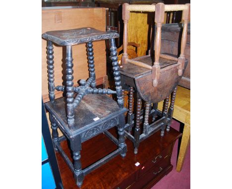 Early 20th century oak occasional furniture, to include; low table, bobbin turned stool, bobbin turned gateleg table, rushsea