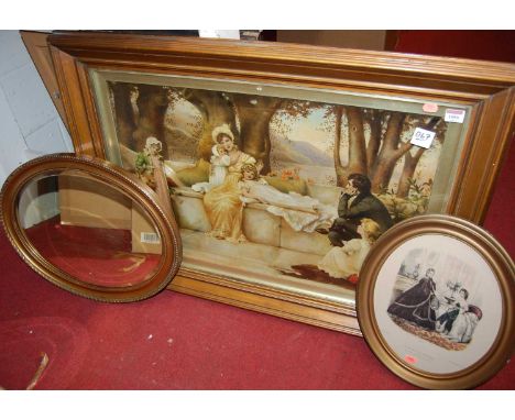 A gilt framed oval wall mirror, a French fashion print, and a Victorian over-painted print depicting a family group (3)