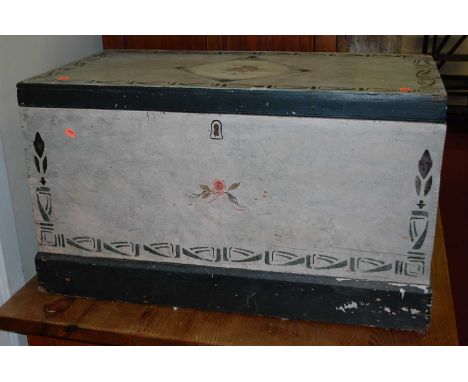 An early 20th century and later painted pine hinge topped tool chest, w.93cm