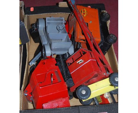 One box containing a quantity of plastic and large-scale pressed steel models, to include a Lumar Contractors mobile crane et