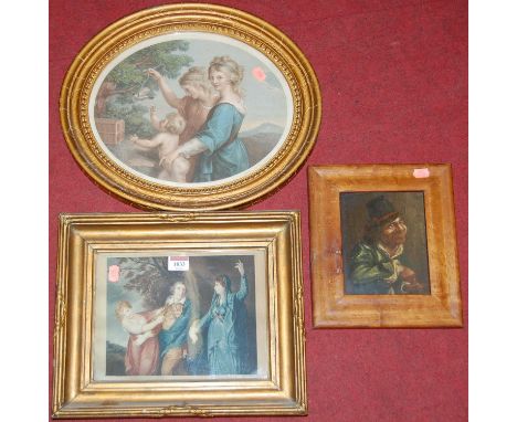 After David Teniers - Portrait study, oil, 16 x 13cm; together with a Bartolozzi stipple engraving; and one other (3)