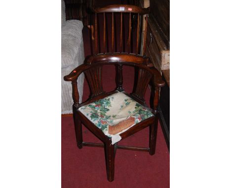 A made-up elm and oak stick and fan back corner tub elbow chair, w.66cm