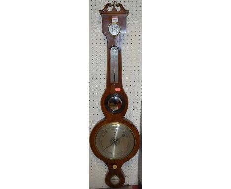 A 19th century mahogany and satinwood strung four dial wheel barometer, h.97cm