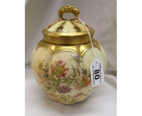 Royal Worcester lidded pot with hand painted flowers on a blush ivory background &amp; gilt highlights - Shape No 1313, date 
