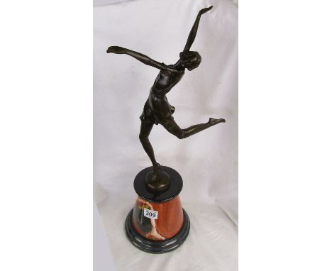 Bronze - Art Deco lady figure on marble base - H: 65cm