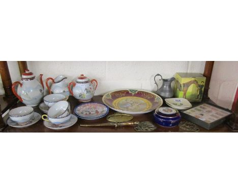 Shelf of collectables to include Oriental tea set