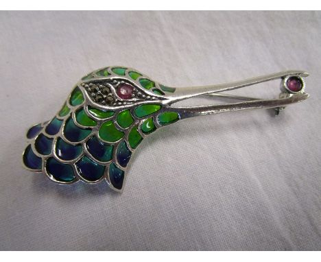 Silver champlevé enamel bird brooch