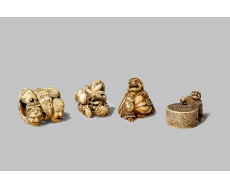 FOUR JAPANESE IVORY NETSUKE MEIJI 1868-1912 Variously carved as a man with a hammer seated in front of a large circular stone