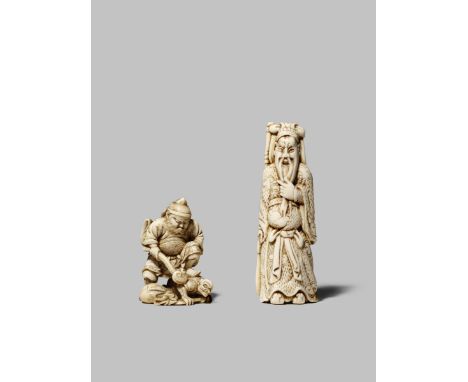 TWO JAPANESE IVORY NETSUKE MEIJI 1868-1912 One a tall depiction of the Chinese General Kan'u, stroking his beard and holding 