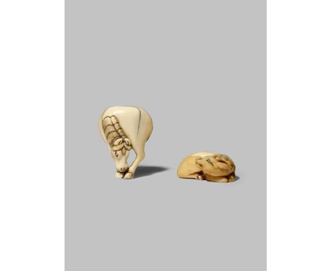 TWO JAPANESE IVORY NETSUKE EDO/MEIJI PERIODS One depicting a small reclining deer, with its head turned to dexter, its legs n