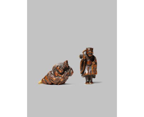 TWO JAPANESE WOOD NETSUKE EDO/MEIJI PERIODS One carved as Benkei emerging from a large conch while blowing into a smaller she