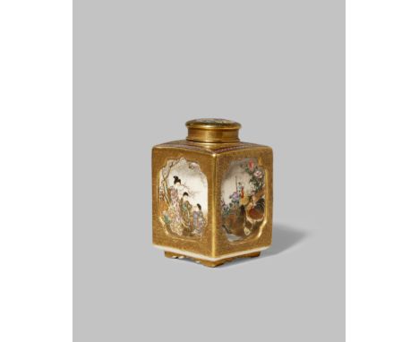 A JAPANESE SATSUMA MINIATURE TEA CADDY BY KINKOZAN MEIJI 1868-1912 The rectangular body decorated with shaped panels enclosin