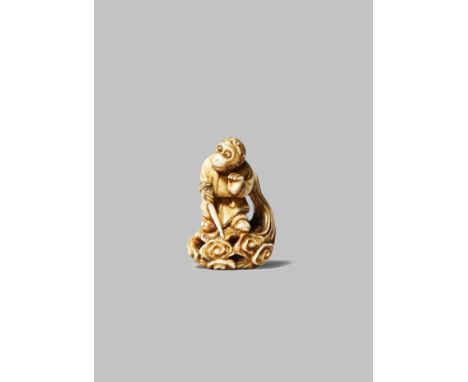 A JAPANESE IVORY NETSUKE OF SON GOKU MEIJI 1868-1912 The Monkey King depicted standing on a platform of scrolling clouds, wit