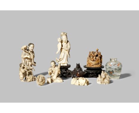 A SMALL COLLECTION OF ASIAN ITEMS 18TH/19TH CENTURIES Comprising three Japanese ivory okimono, variously carved as gods and m