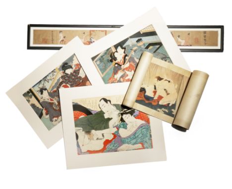 A SMALL COLLECTION OF EROTIC PAPER EPHEMERA, SHUNGA 19TH/20TH CENTURIES Including three Japanese woodblock prints of couples 